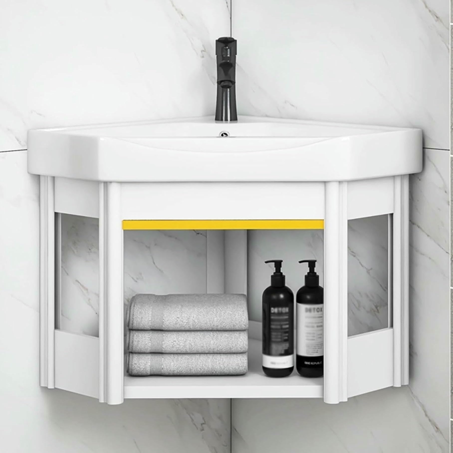 AYCDL Corner Wall Mount Bathroom Sink Small Triangular Ceramic Vanity with Storage & Overflow SpaceSaving Design for Toilet Cloakroom,48cm/18.9in