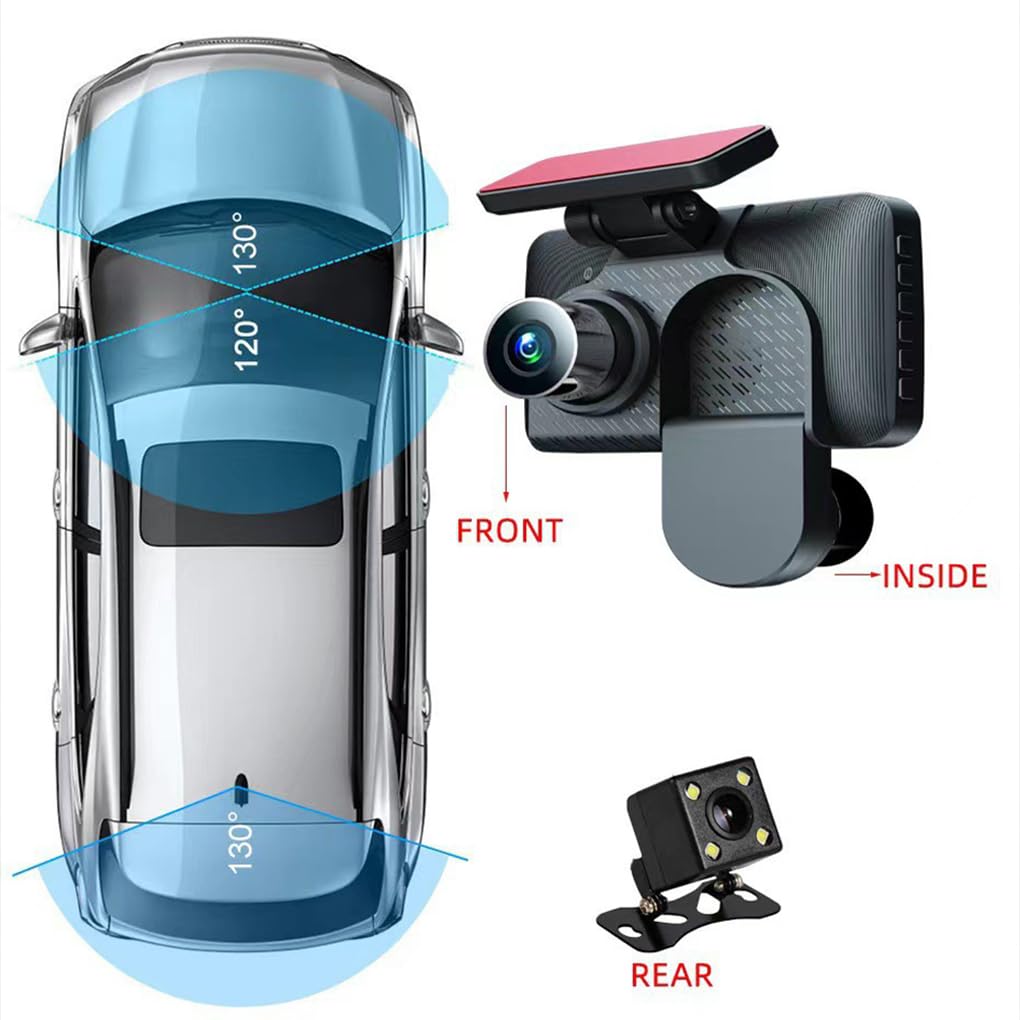 Dash Cam a 3 Per canali DVR per auto a 3 obiettivi, anteriore e posteriore, registratore interno per auto, registratore video, telecamere per, sensore G