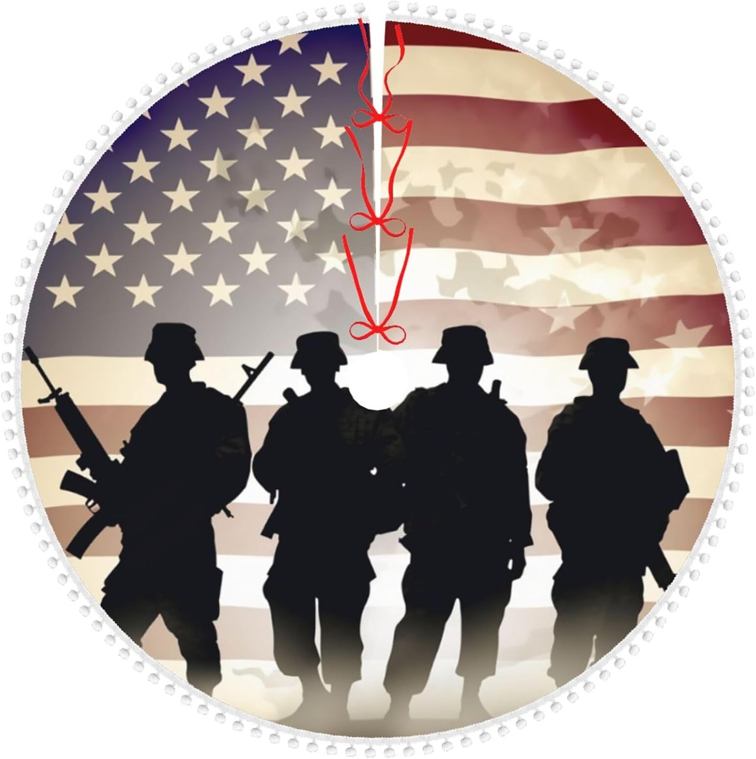 Armed Forces Day American Christmas Tree Skirt with Pom Pom Trim Xmas Tree Skirt for Holiday Party Soft Christmas Decorations Christmas Tree Mat Base Cover for New Yea Decoration