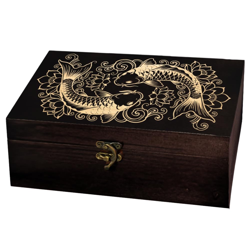 arricraft 1pc Wooden Memorial Storage Box, Fish Japanese Lotus Pattern Rectangle Pine Tarot Box for Anniversary Jewelry Board Storage (9.45x5.51x3.54 Inch)