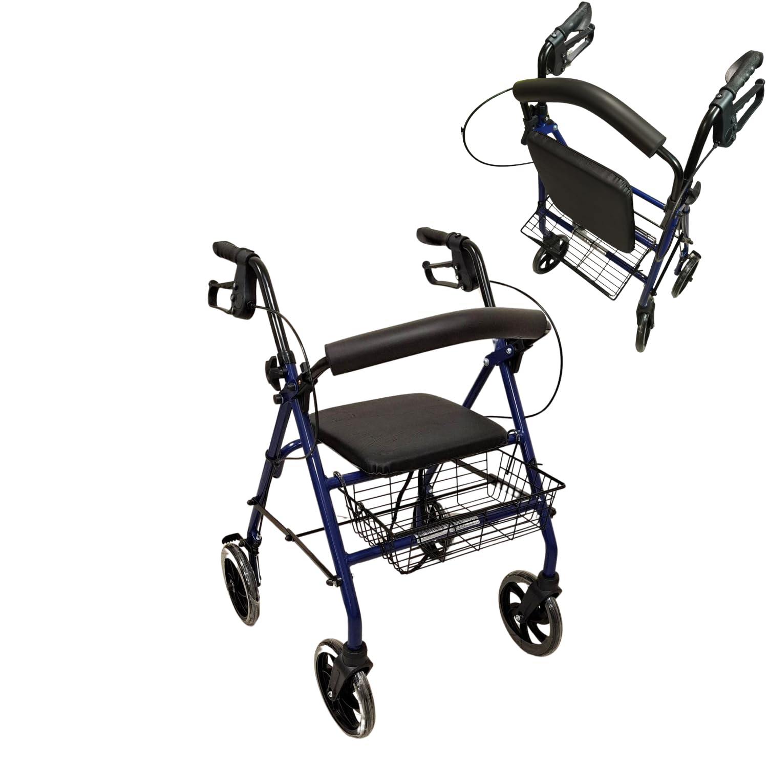 TERMIGEA RO10 - Deambulatore per Anziani con Seduta Pieghevole, Carrello per Anziani per Camminare in Acciaio (Portata 130KG) Sedile e Schienale Imbottito, Freni di Stazionamento, Altezza Regolabile