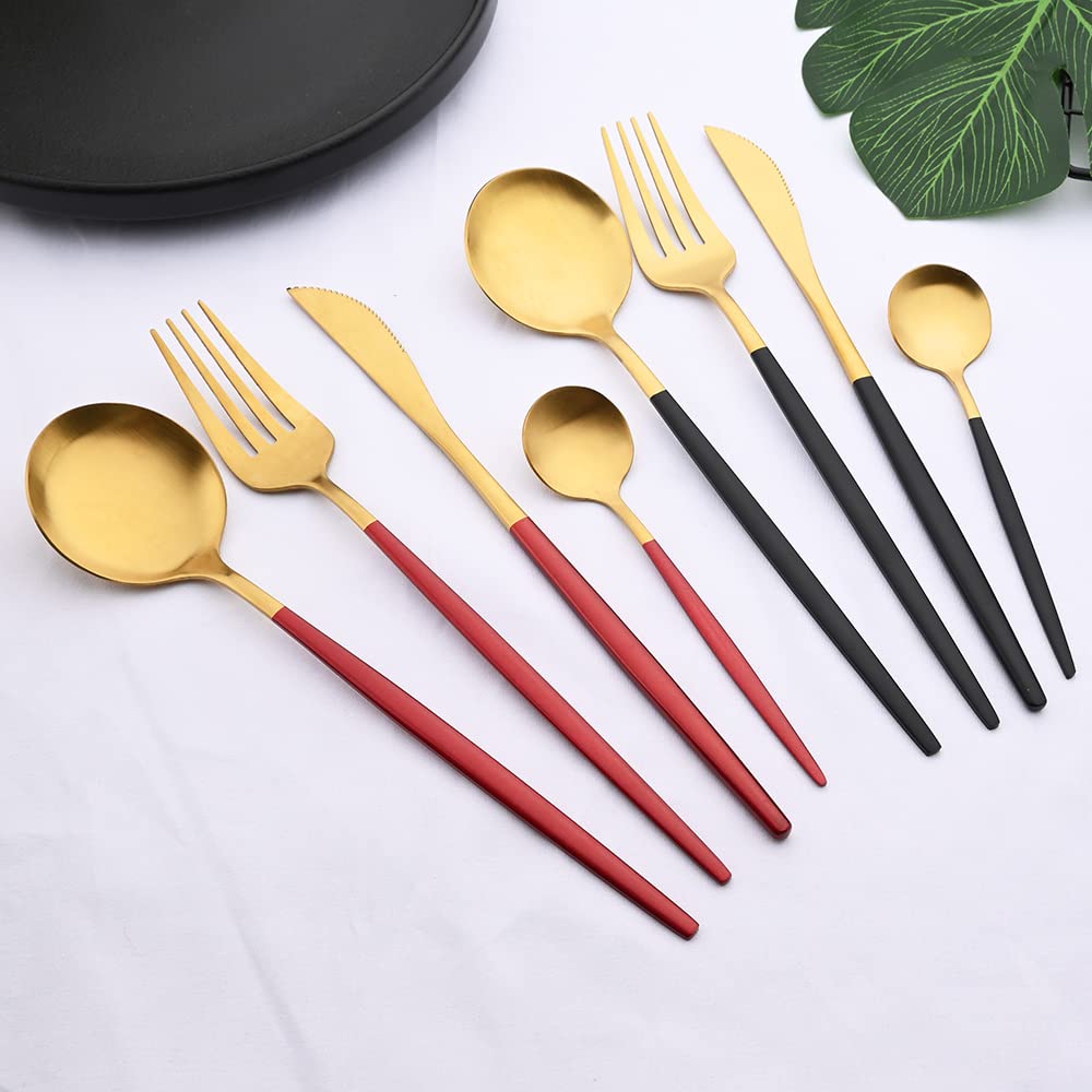 Besteck- und Essbesteck-Set, 24-teilig, Mattes Besteck-Set, Edelstahl-Geschirrset, Messer, Gabel, Löffel, Tafelservice, Küchenbesteck, Geschirrset für Zuhause,Schwarz