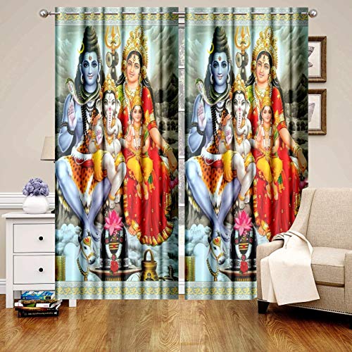 Image of DECOMIZER Polyresin 3D Digital Printed Premium God Shiva Parivar Print Curtains for Home Polyester Knitting Curtain Multicolor for Pooja ghar mandir Temple Home 4 x 9 Feet Long Door Curtain - 1 Piece