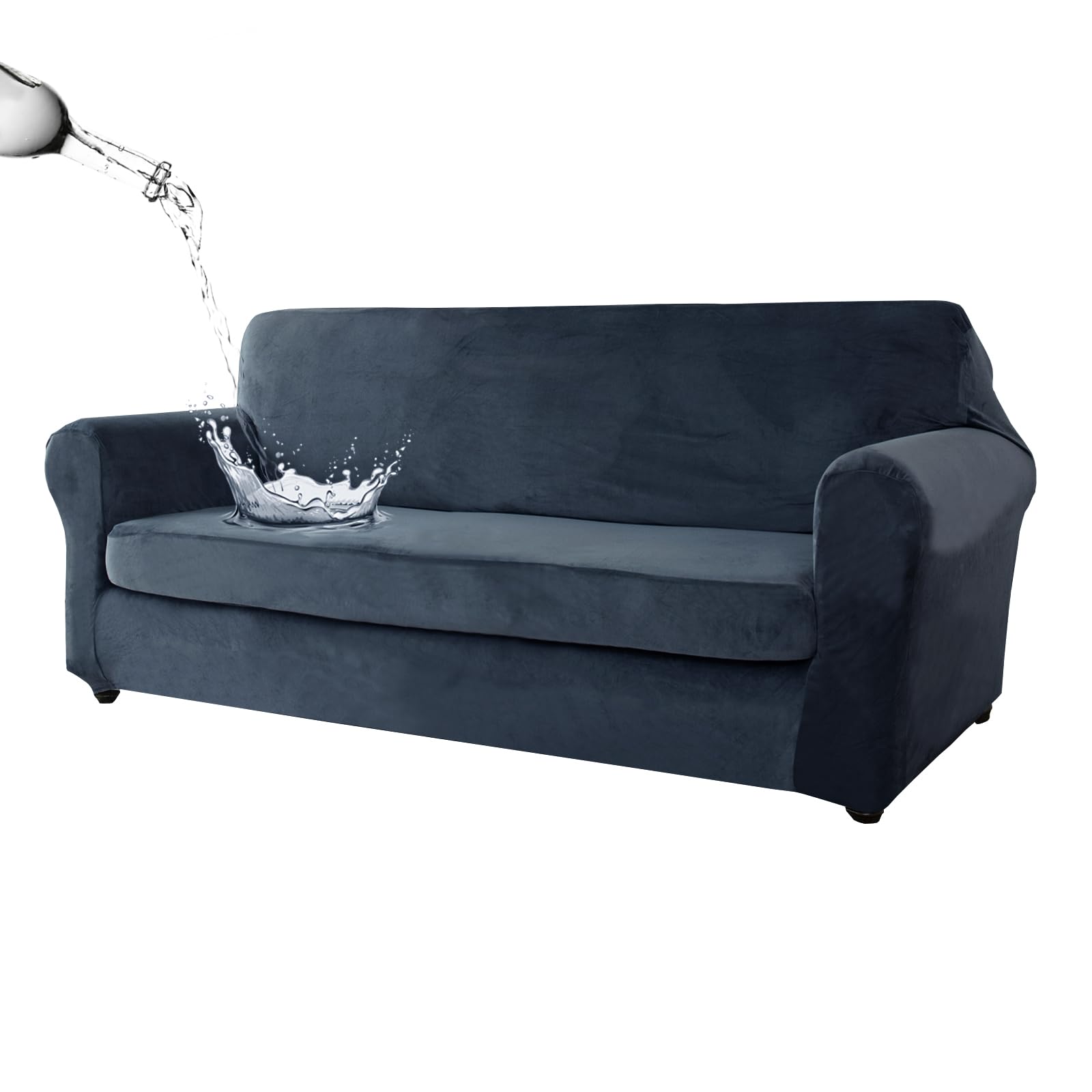 Wodoodporny, rozciągliwy aksamitny pokrowiec na sofę, 1 ochraniacz na poduszkę, dopasowany pokrowiec na kanapę, wodoodporny ochraniacz na meble (niebiesko-szara sofa + ławka XL)