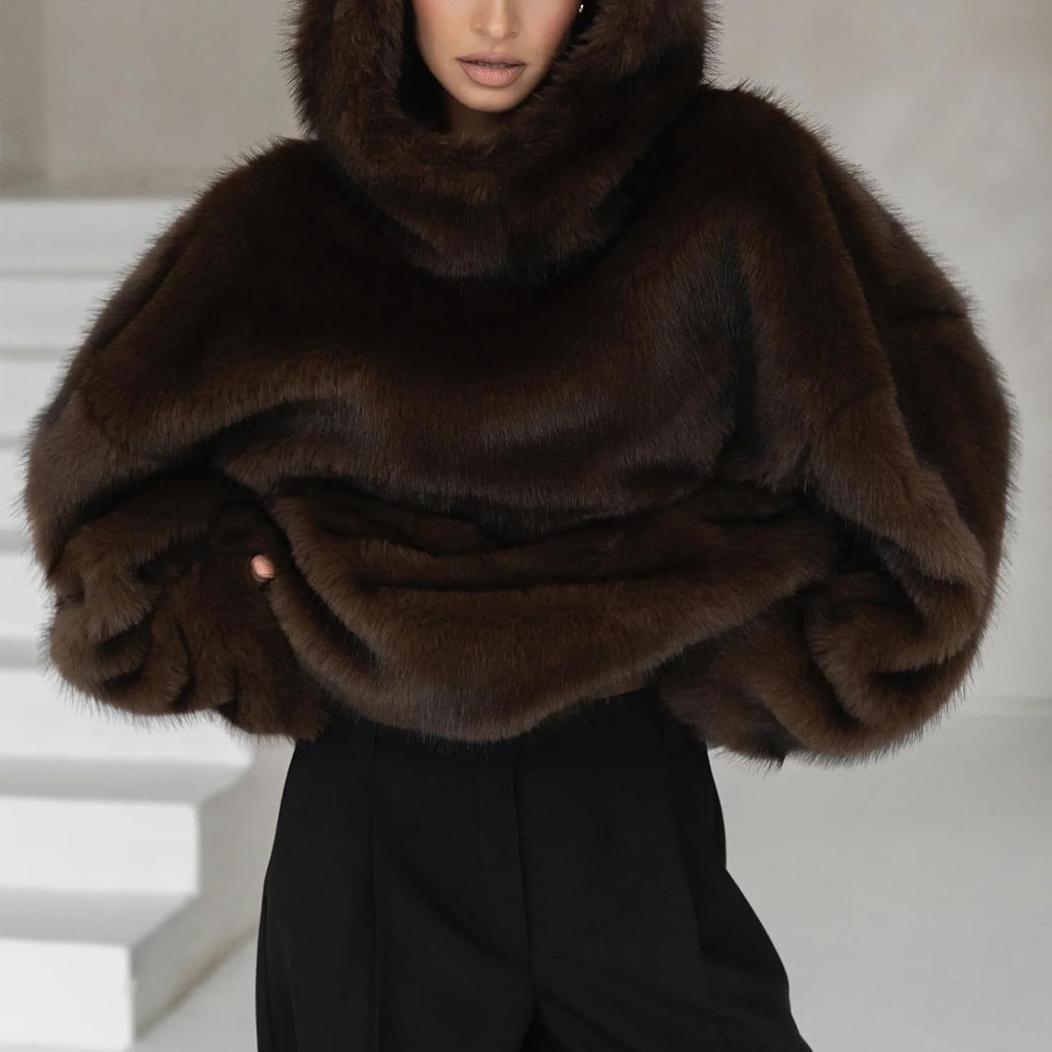 KEOMUD Women Faux Fur Hooded Pullover Jacket Oversized Long Sleeve Warm Furry Coat for Winter