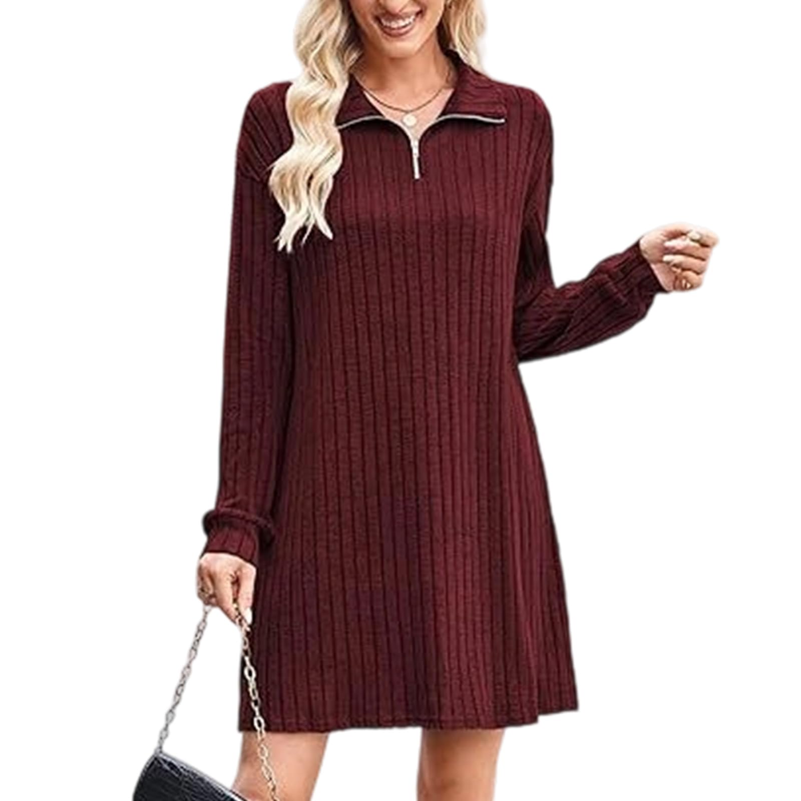 Robe pull col V femme coton doux tricot hiver fermeture éclair chic - 8