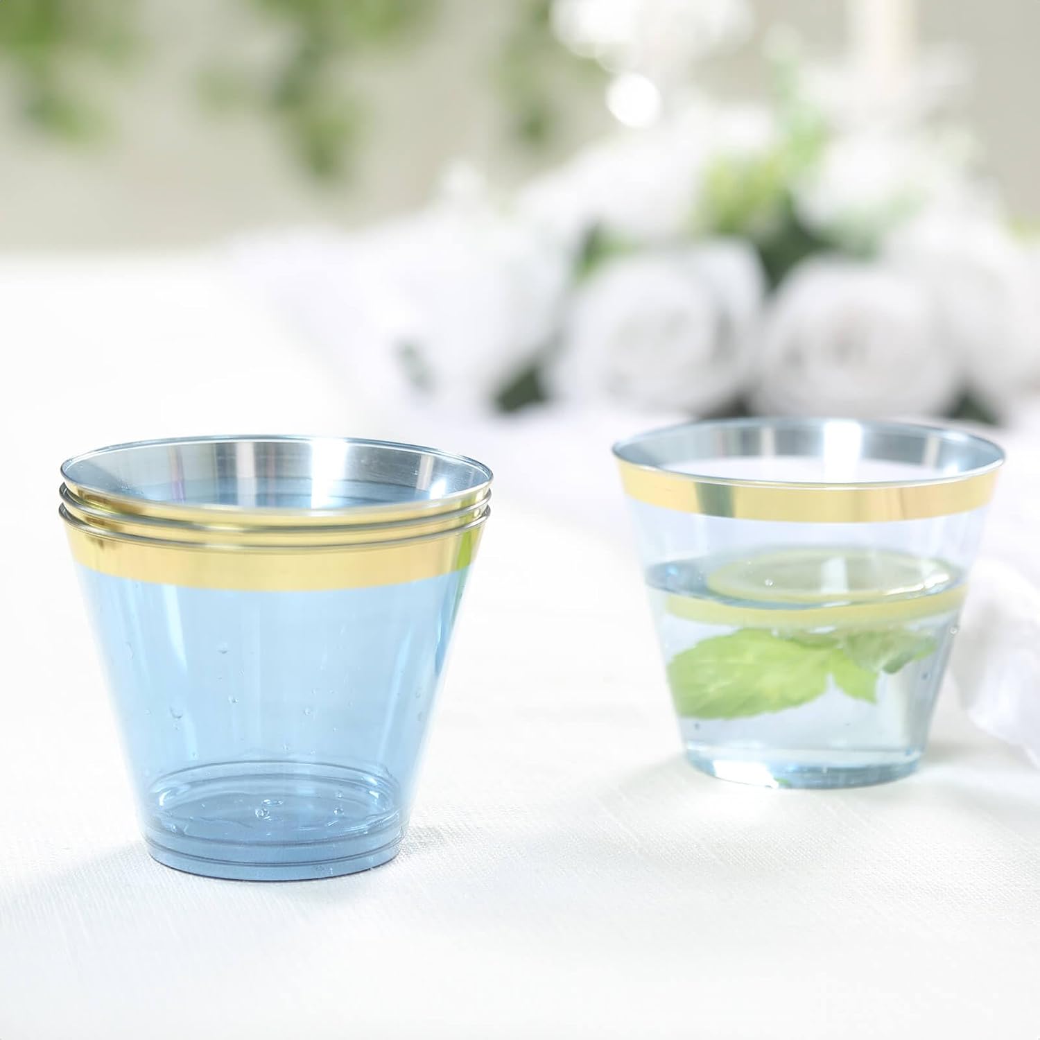 Efavormart 25-Pack 9oz Dusty Blue Plastic Party Cups with Gold Rim; Serene Tinted Crystal Tumblers for Coastal Weddings, Nautical Themes and Seaside Events