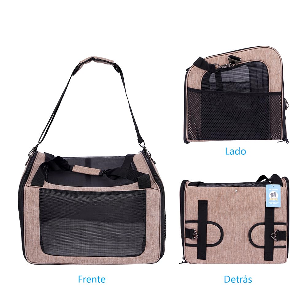Trasportino per cani e gatti, borsa porta-cane traspirante per animali domestici, trasportino da viaggio con ventilazione, tasche laterali, due porte con tracolla per auto (Marrone, 35x40x45cm)