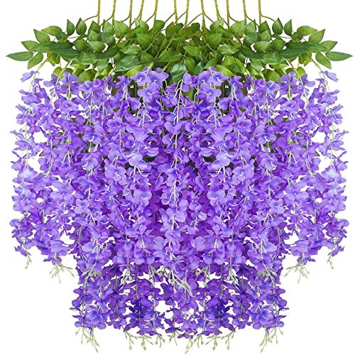 Image of Tdas Artificial Flower Wisteria Hanging Vine for Home Decoration Plants Plastic Flowers Decor Items Decorative Bunch Creepers Garlands Leaves Wedding Room, 110 CM (Purple, 12)