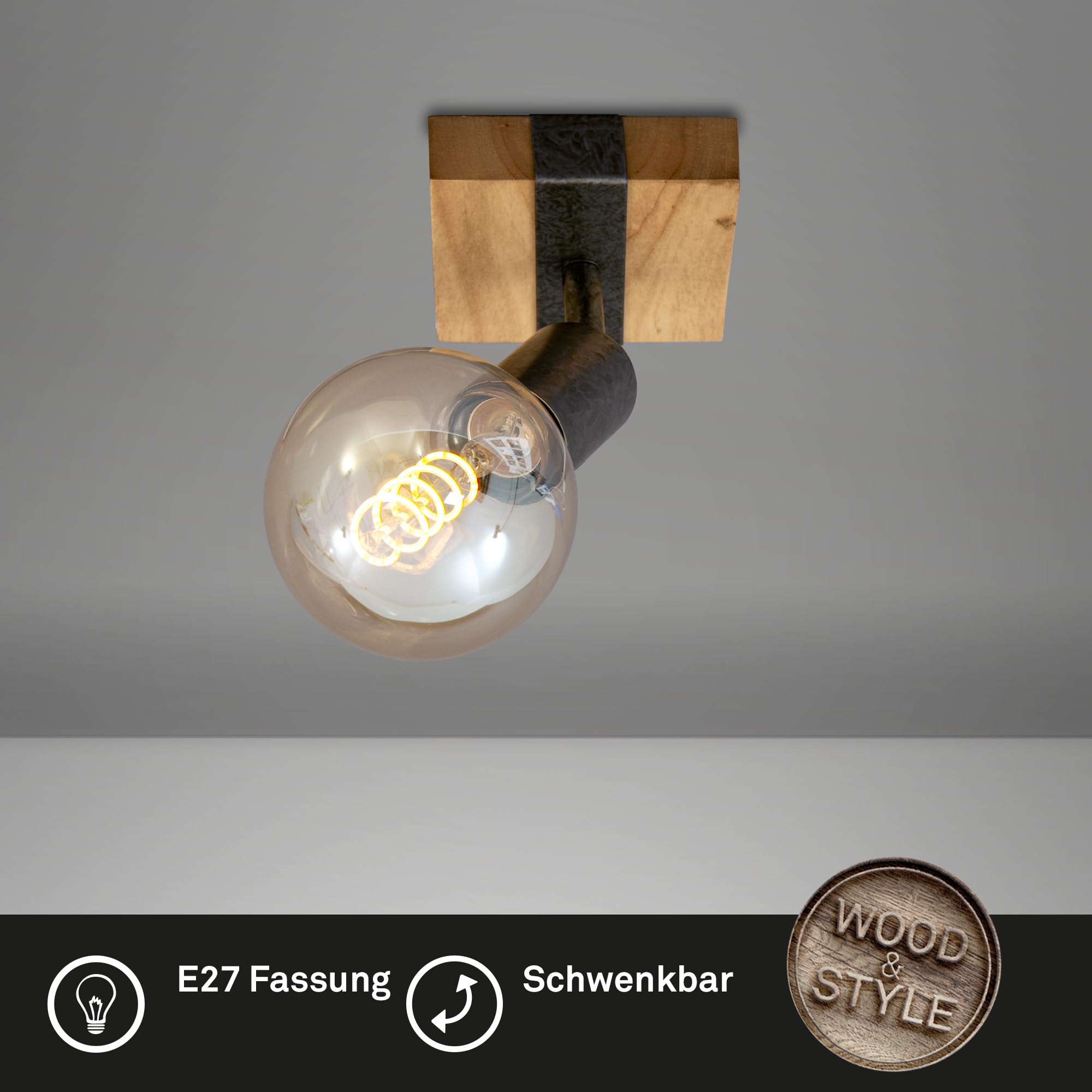 BRILONER - Wandleuchte Innen schwenkbar, Vintage, Holzbasis, Wandlampe innen, Wandstrahler, Wandlicht, Wandbeleuchtung, Schlafzimmer, Flurlampe, Wall Light, 10x10,3x9 cm, Holz-Schwarz