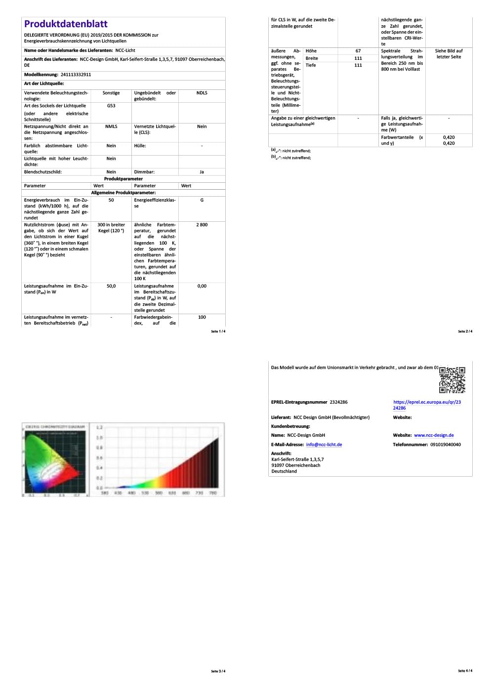 NCC-Licht 10 x Reflektor AR111 50W G53 12V warmweiß 2800K, dimmbar, Strahler mit 24° Abstrahlwinkel