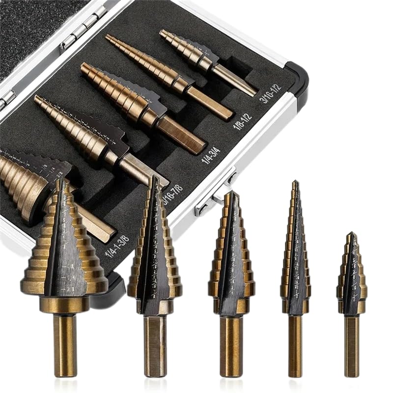 Lagnlnaoy 5pcs British Black and Yellow Step Drill Hand Drill Drilling Tool Set Step Multi functional Pagoda Bit Metal Drilling Hole Tools