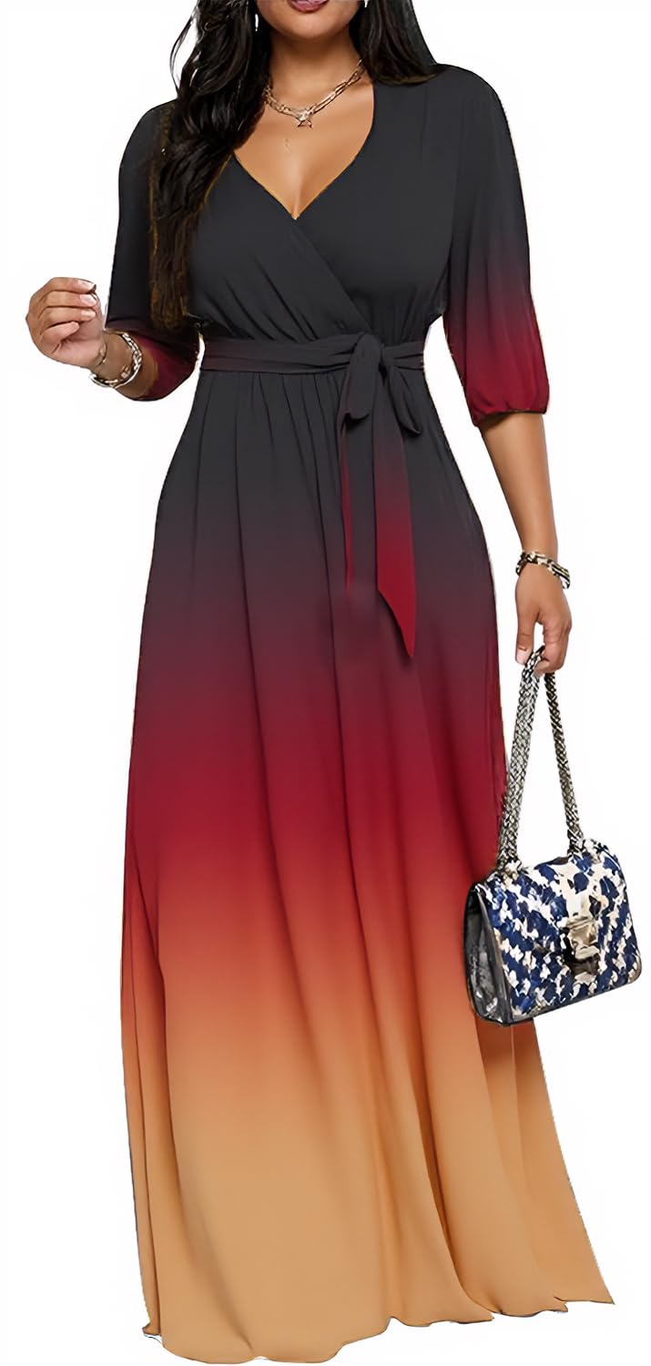 Women's Church Maxi Wrap V Neck 3/4 Sleeve Tie Waist Plus Size Long Dress