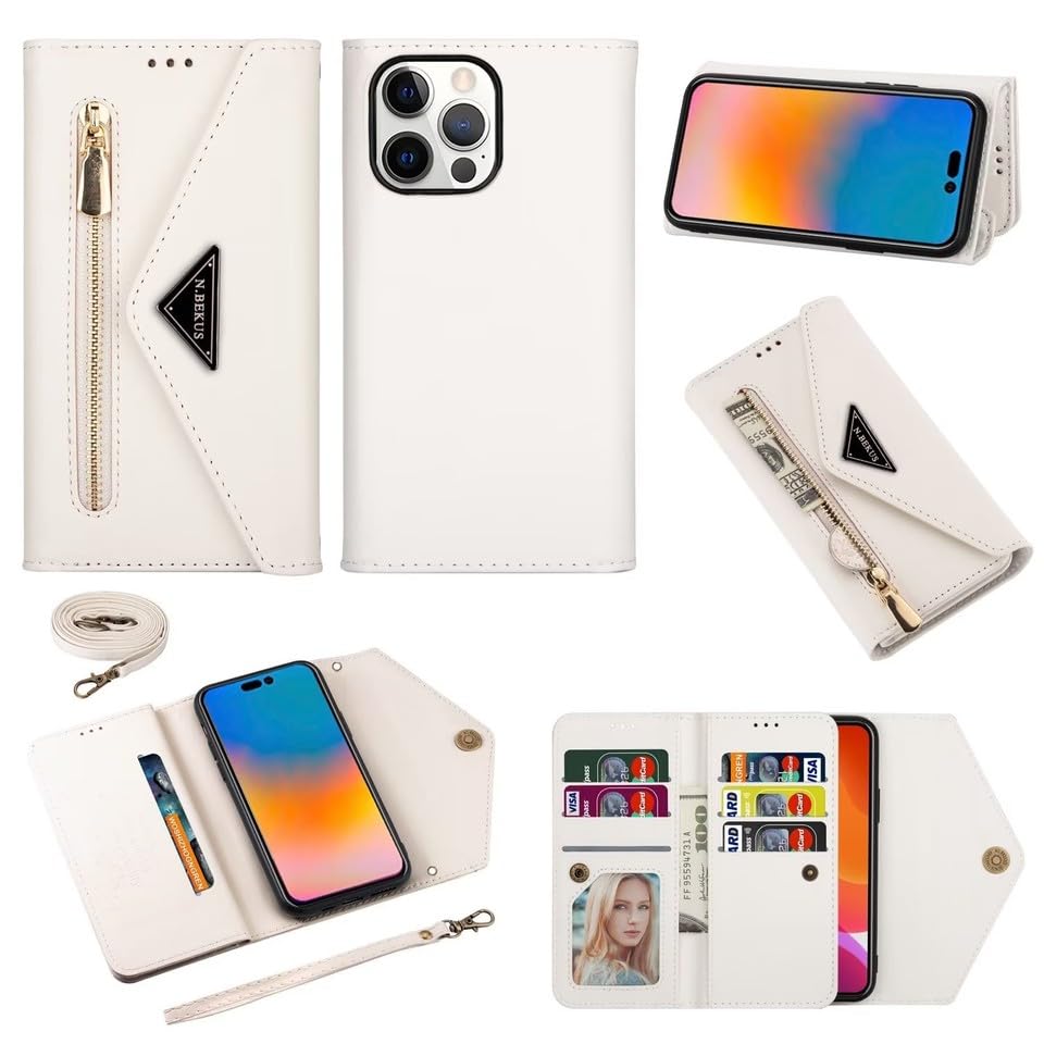 Étui à rabat magnétique pour iPhone 13 Pro Max avec porte-cartes chic blanc