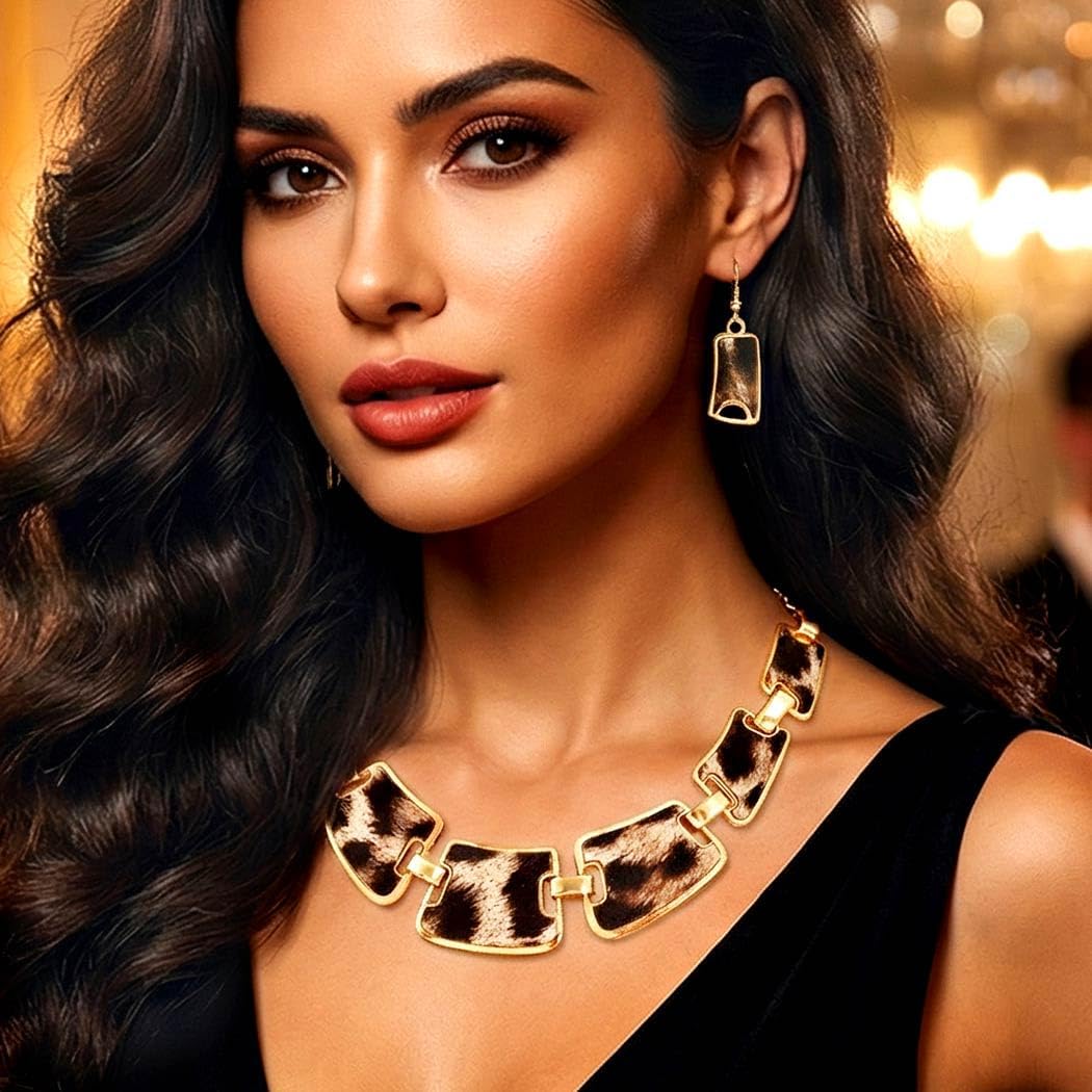 Chunky Leopard Print Jewelry Set Cheetah Necklace and Earring Set for Women - Image 3