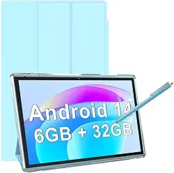 Tablet de 10 polegadas com capa protetora para tablet e caneta, tablets Android 14, 6 GB de RAM, 32 GB de ROM/expansão de 1 TB, bateria 8H 6000 mAh, WiFi, Bluetooth, tela sensível ao toque IPS HD de
