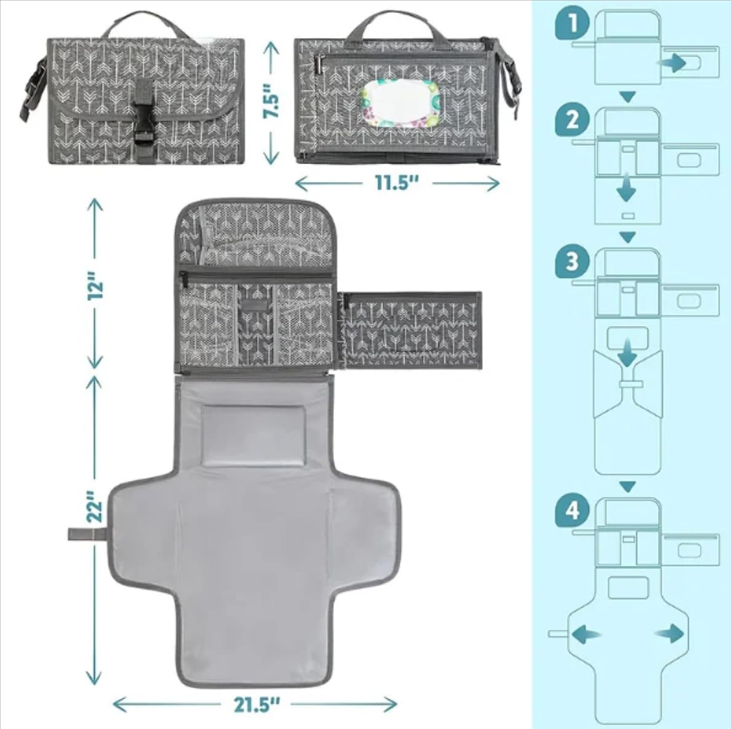 Keppii Essential™ Portable Diaper Changing Pad -Baby Diaper Changer Travel Bag with Wipes Pocket, Smart Design Portable Changing Mat, Infant Travel Station Kit, Gift for Newborn Girl & Boy (Grey)