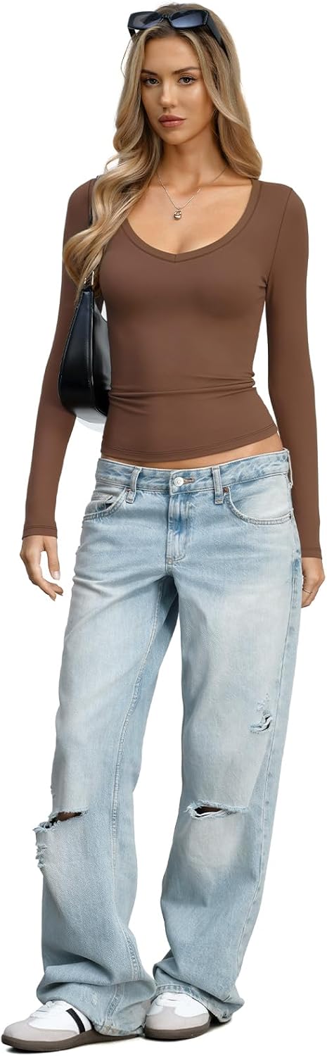 Womens Deep V Neck Long Sleeve Shirts Tight Low Cut Tops Sexy Going Out Y2k Trendy Fall Clothes 2026 - Image 6