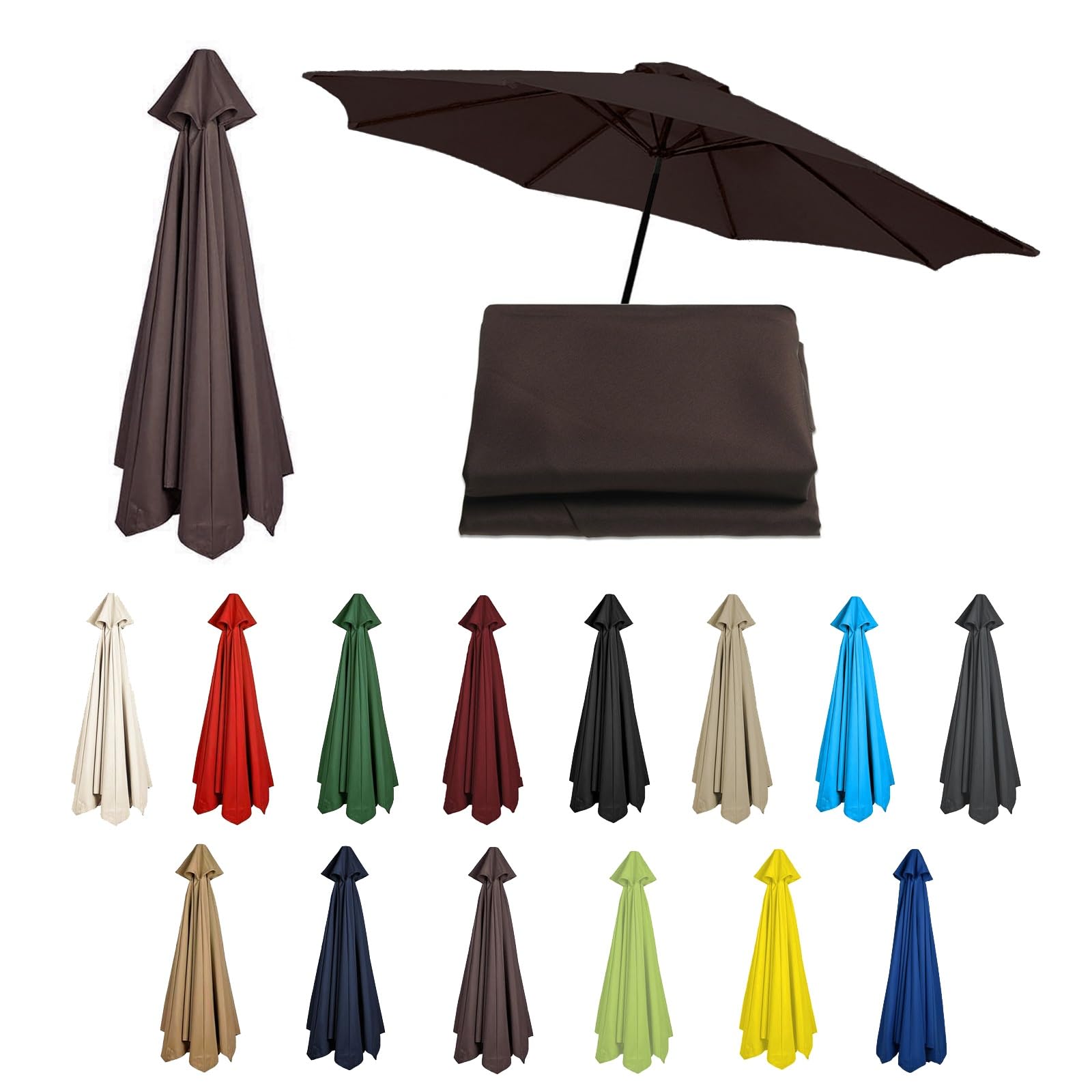 Auvent de rechange avec protection UV pour parasol de marché 6/8 baleines - Convient pour 200/270/300 cm - Tissu marron durable - Résistant aux UV - Facile à installer
