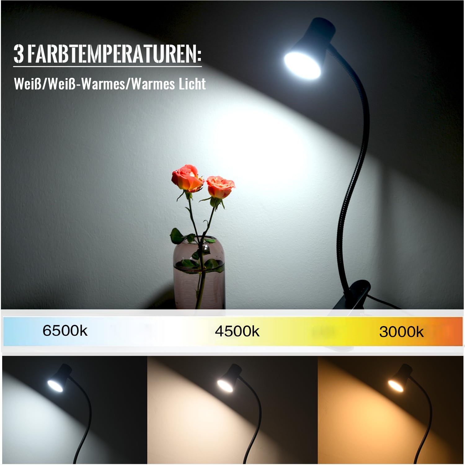 Lámpara LED con pinza como lámpara de lectura, lámpara de escritorio, luz de maquillaje, 3 temperaturas de color, 10 brillo, lámpara de pinza USB, lámpara LED regulable, luz diurna, cable