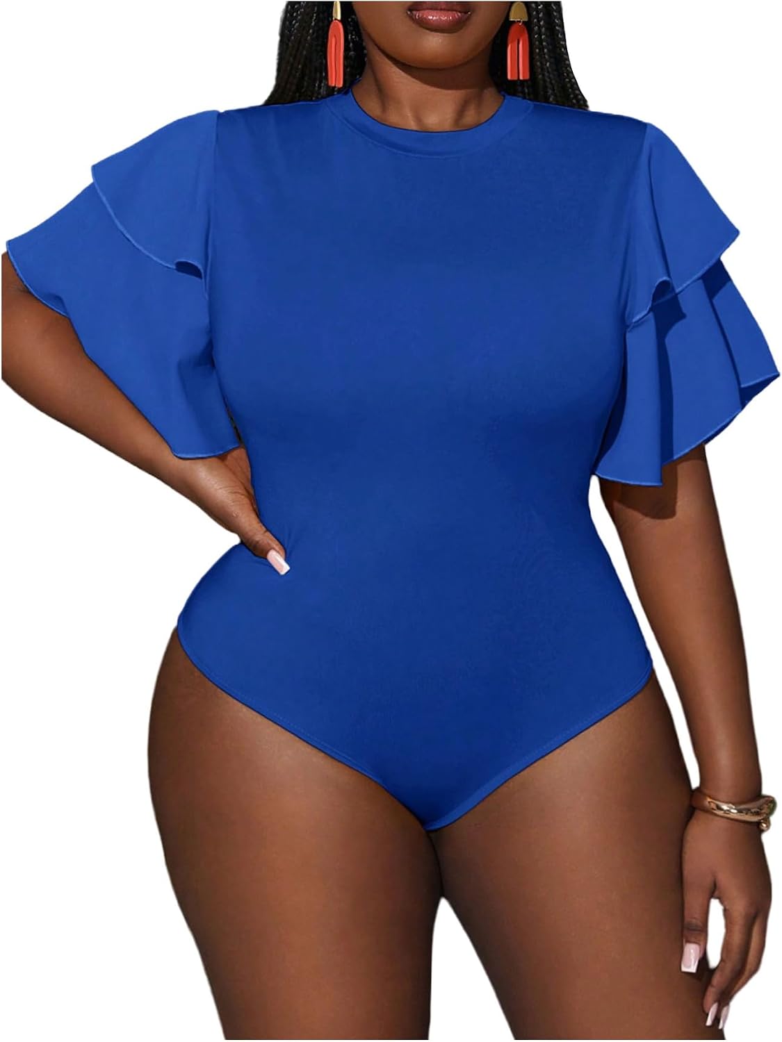 WDIRARA Women's Plus Size Layered Ruffle Short Sleeve Bodysuit Crew Neck Leotard Tops