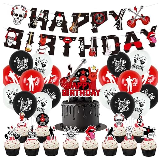SANYUANHE Schwarze Rote Rock'n' Roll Geburtstagsdeko Set，32 Stück Rock Musikmotiv Happy Birthday Banner Cupcake Topper，Totenkopf Gitarren Musiknoten Luftballons，Halloween Rock Party Dekoration