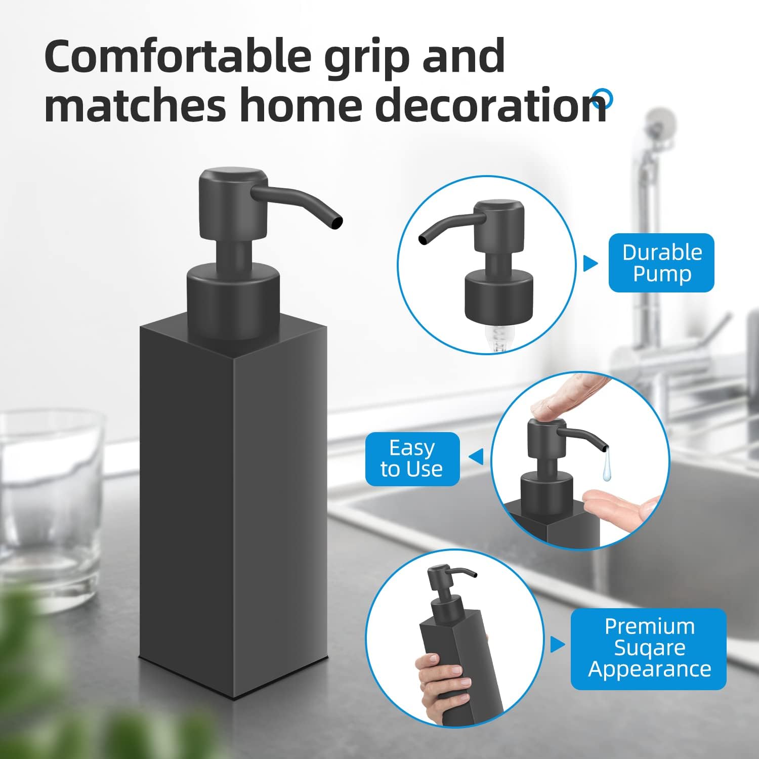 Black Soap Dispenser, Matte Black Stainless Steel, Rust-Proof Liquid Hand Dish Dispenser for Bathroom & Kitchen, 8.5 Oz Refillable Countertop Lotion Bottle (Square) - Image 5