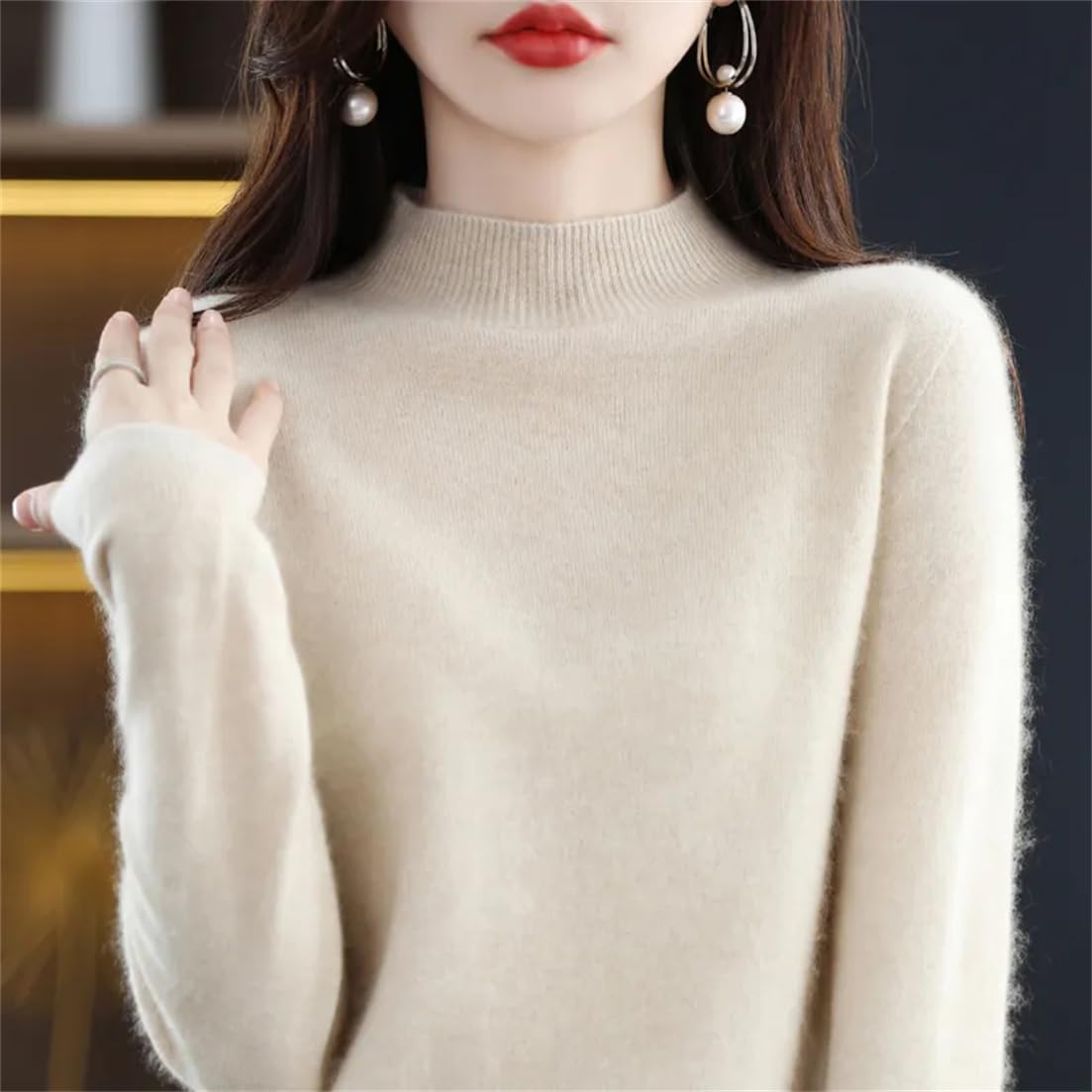 Suéter De Punto De Cachemira De Lana Merino para Mujer Jersey De Manga Larga con Cuello Alto