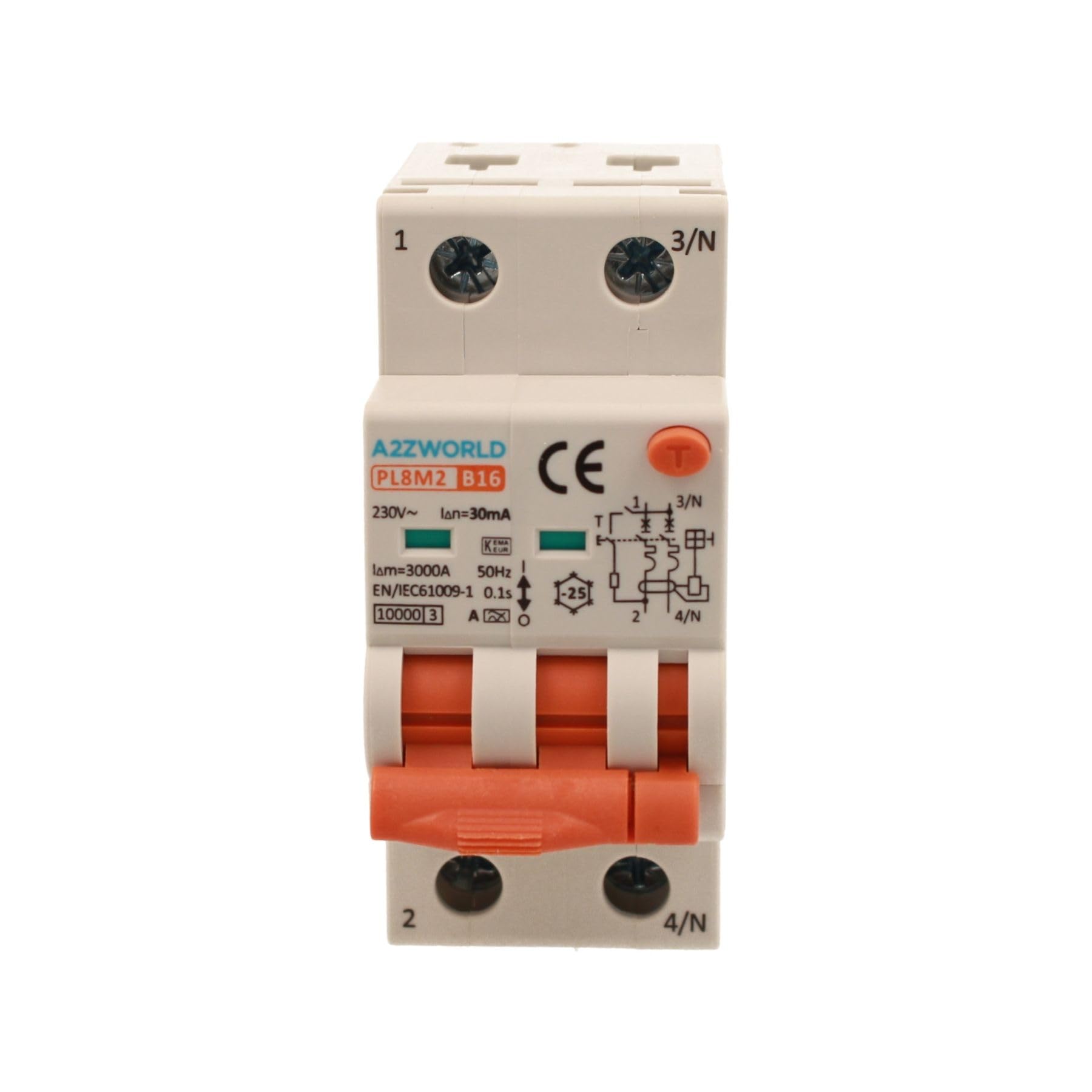 Magnetothermischer Differentialschalter Typ A 16A B16, RCBO Bipolar 2P True (NO 1P+N), Kurve B 6kA 30mA, Doppelhebel mit visueller Diagnose, 2 DIN-Module, Serie PL8M2
