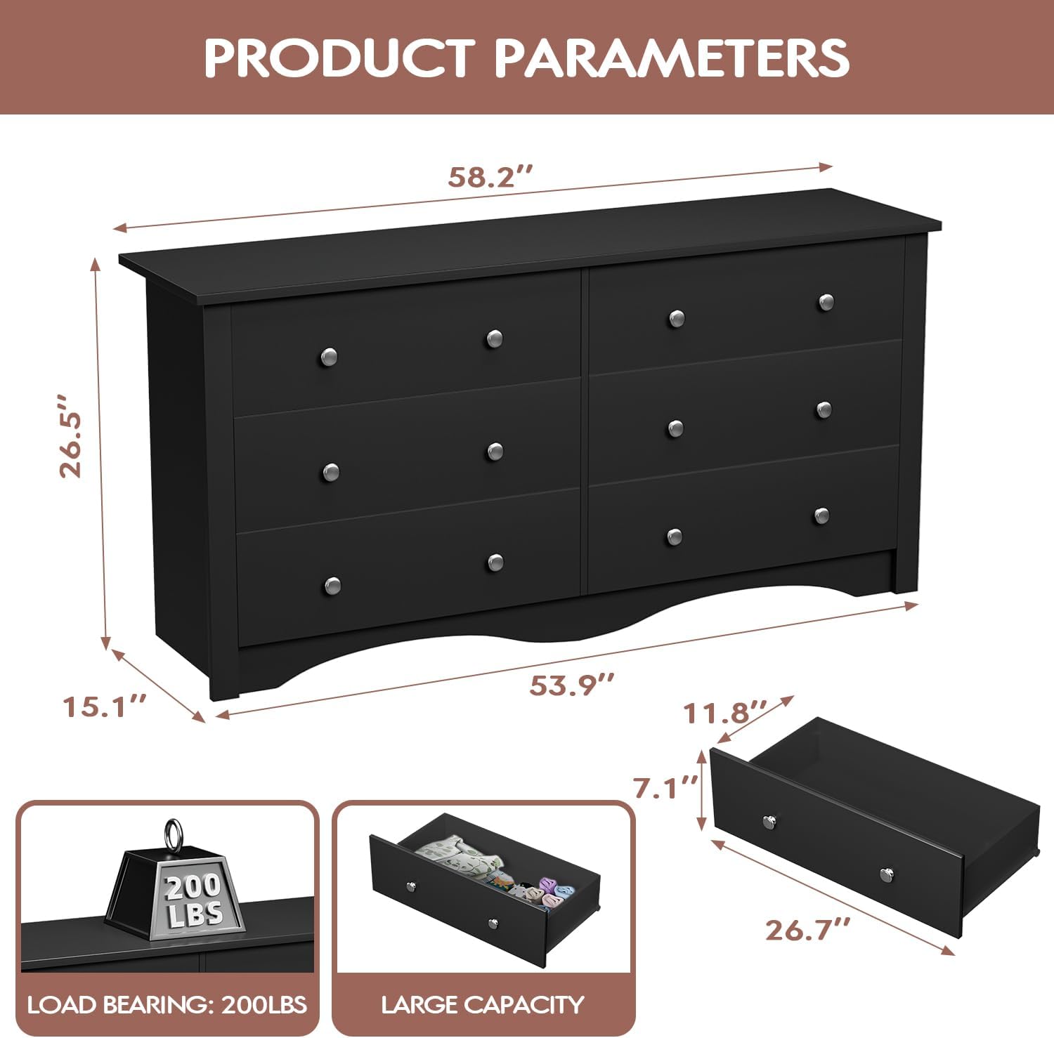 YESHOMY Dresser for Bedroom with 6 Drawer, Wood Wide Chest Storage Organizer and TV Stand for Living Room, Hallway, Dormitory, Black - Image 2