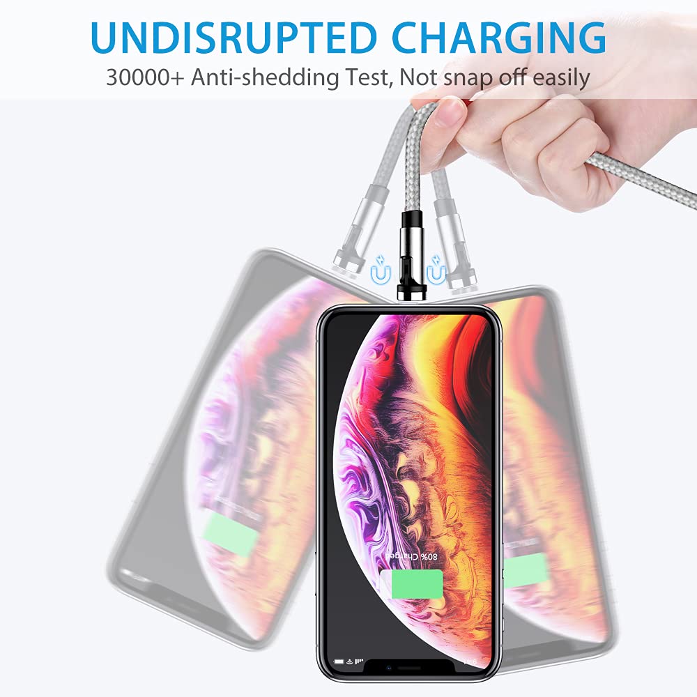 Terasako Magnetic Charging Cable 5-Pack (3/3/6/6/10FT), 540° Rotating Magnetic Phone Charger Cable with LED Light, 90° Angle Connector, Nylon-Braided Cord