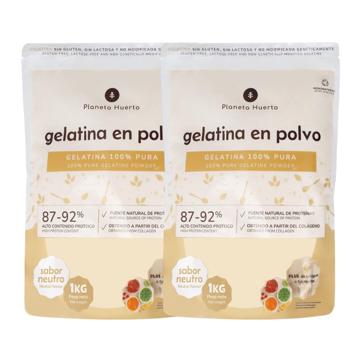 Planeta Orto - Confezione da 2 gelatina neutra in polvere, 1 kg, 100% pura, 87-92% di proteine di collagene, insapore, facile da sciogliere, per pasticceria, dessert, salse e cucina professionale