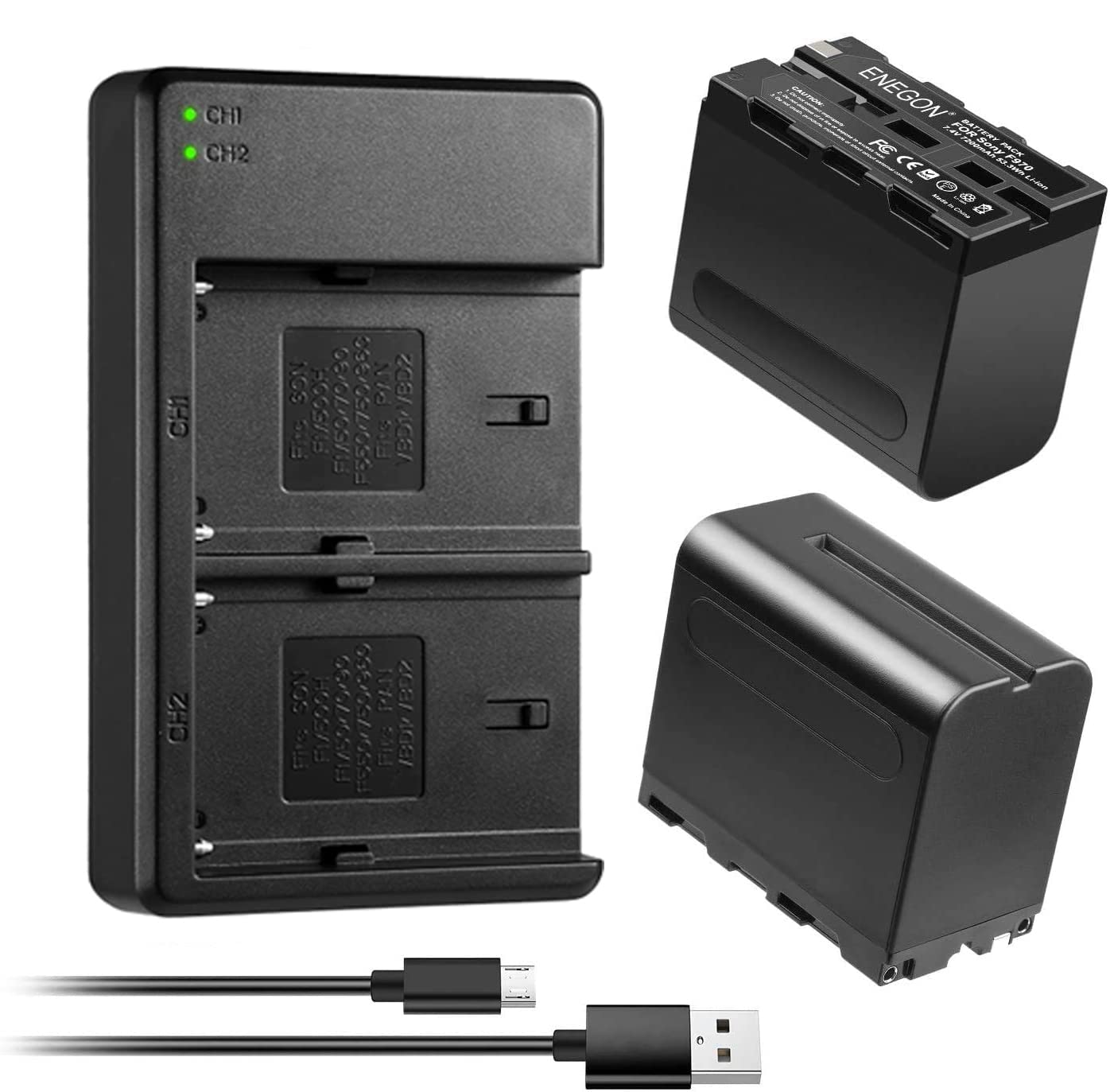ENEGON Batterie pour NP-F970 (2 Paquets 7200 mAh) et Chargeur LCD compatibles avec la Batterie Sony NP-F930 NP-F950 NP-F960 et Sony CCD-SC55, TR516, TR716, TR818, TR910, TR917