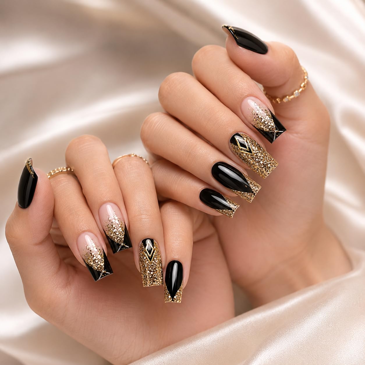 Black Gold Glitter Nails for Women | 24 PCS Reusable Fake Nails | Luxury Full Cover Artificial Nails with Adhesive Tabs, Nail Glue & Wooden Stick | Salon Quality Finish