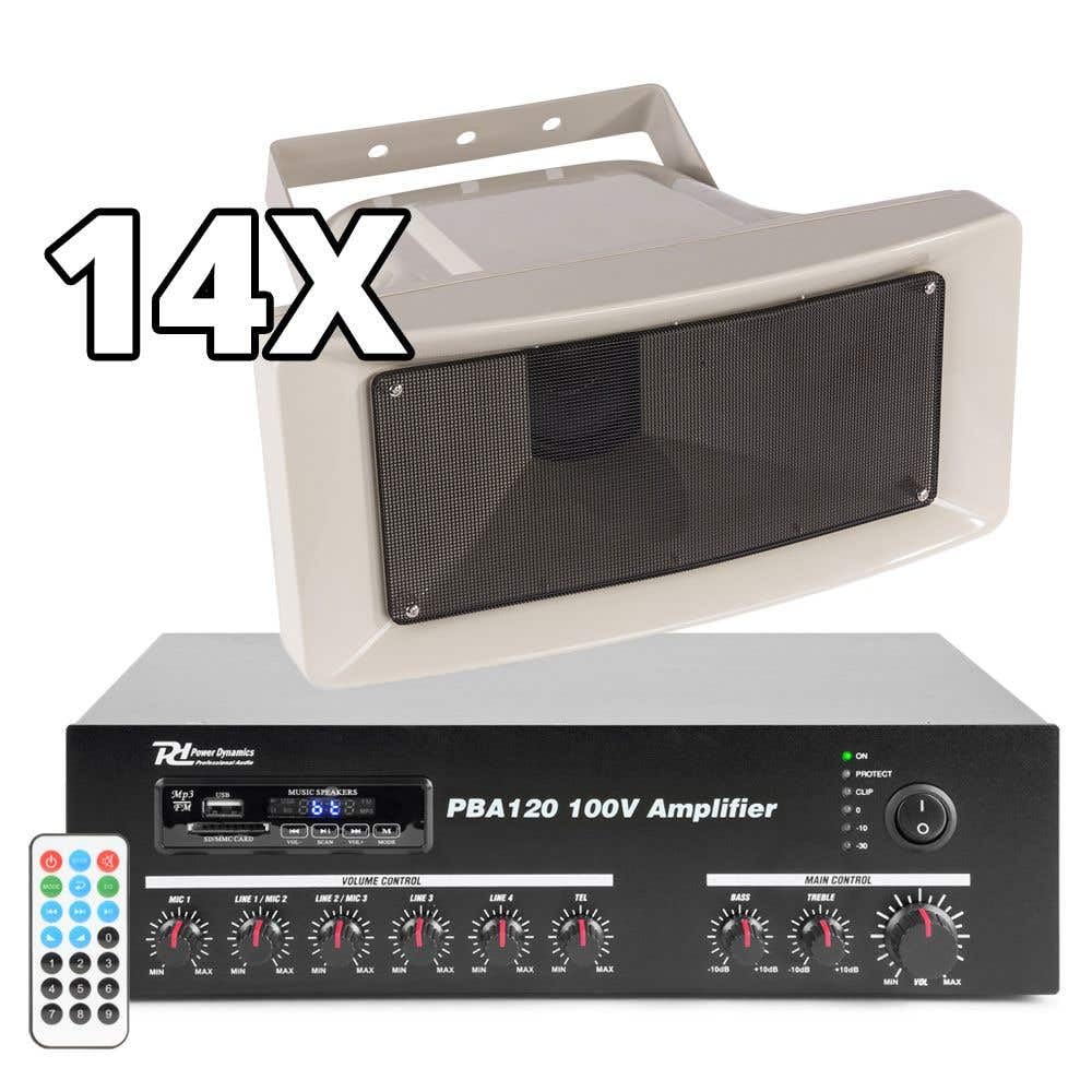 Power Dynamics PBA120 – Pack de 14 Altavoces 100V HS30M IP66 con Amplificador Bluetooth 120W USB FM cableado Profesional y Conexiones RCA para megafonia Exterior e Interior, Color Gris