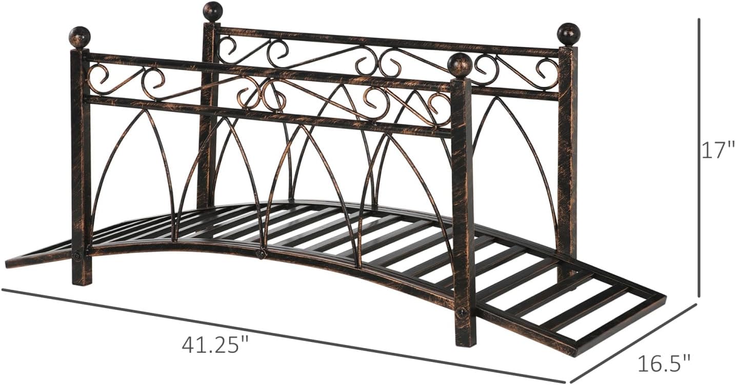 Metal Arch Zen Garden Bridge with Safety Siderails, Decorative Footbridge, Delicate Scrollwork & Corner Spheres for Stream, Fish Pond, Bronze