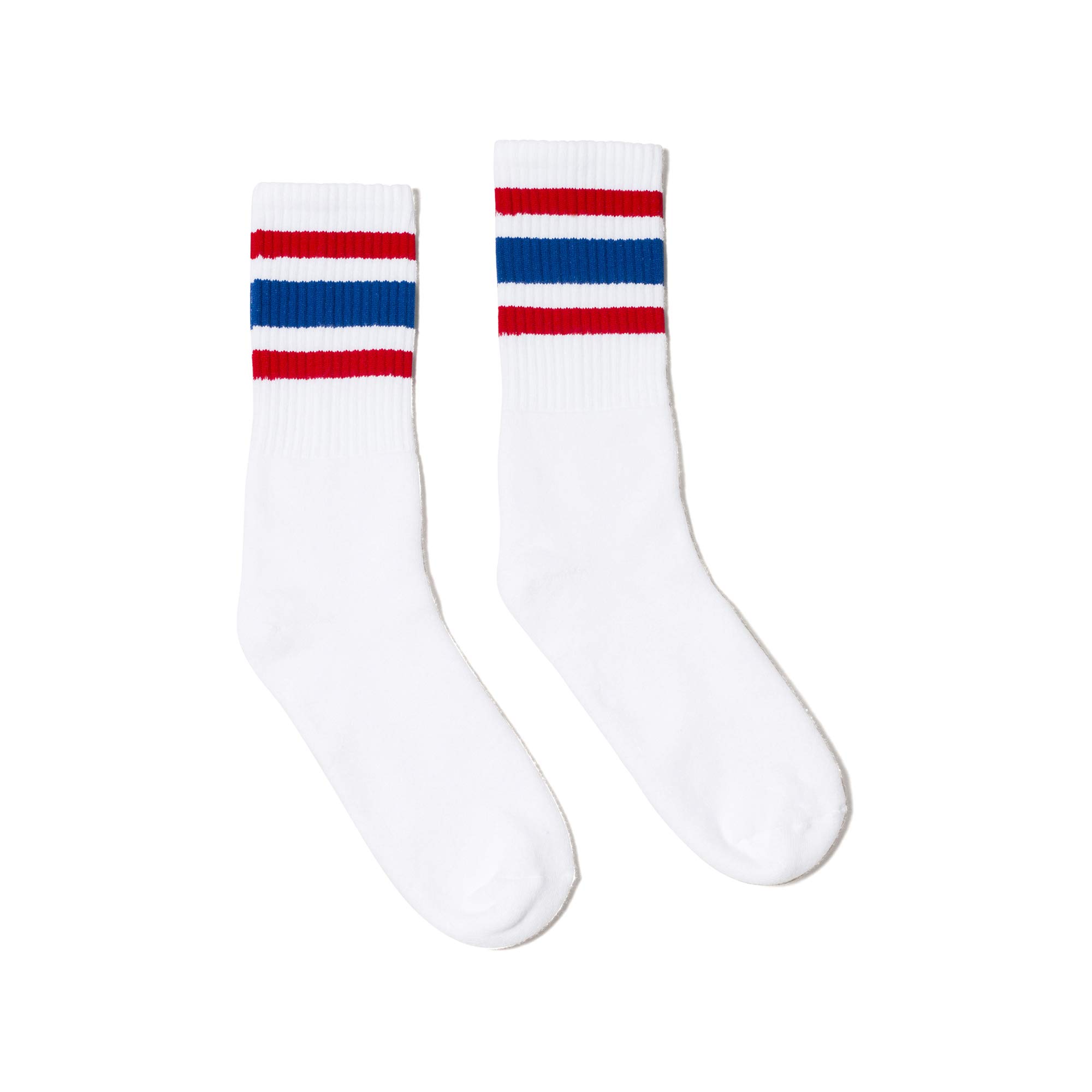 SOCCOAll American White Crew Socks | Red and Blue Striped | Made in USA | One Pair (S/M, Men's 6-9)