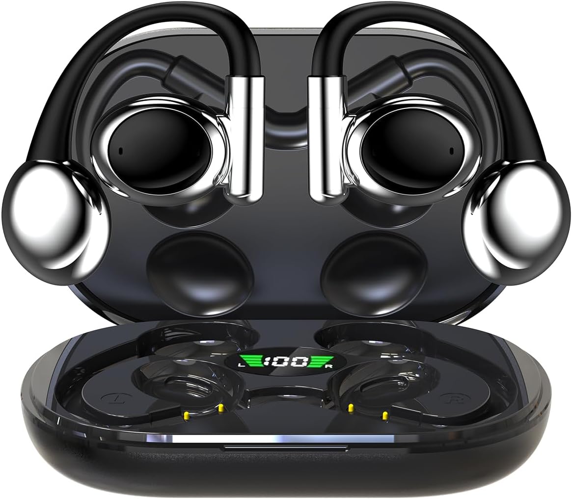 Open EarHeadphones, WirelessBluetooth Earbuds Sport Over Earphones Built-in Mic with Ear Hooks 50H Playtime Ear Buds LED Display Charging Case, Waterproof Design for Running(Black)