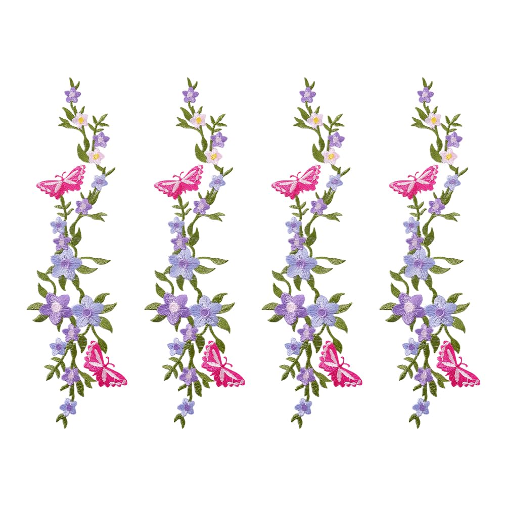 4 toppe ricamate decorative con fiori e farfalle, da cucire su glicine, con farfalla rosa intenso, termoadesive per borse, pantaloni, decorazioni fai da te, 8 x 27 cm