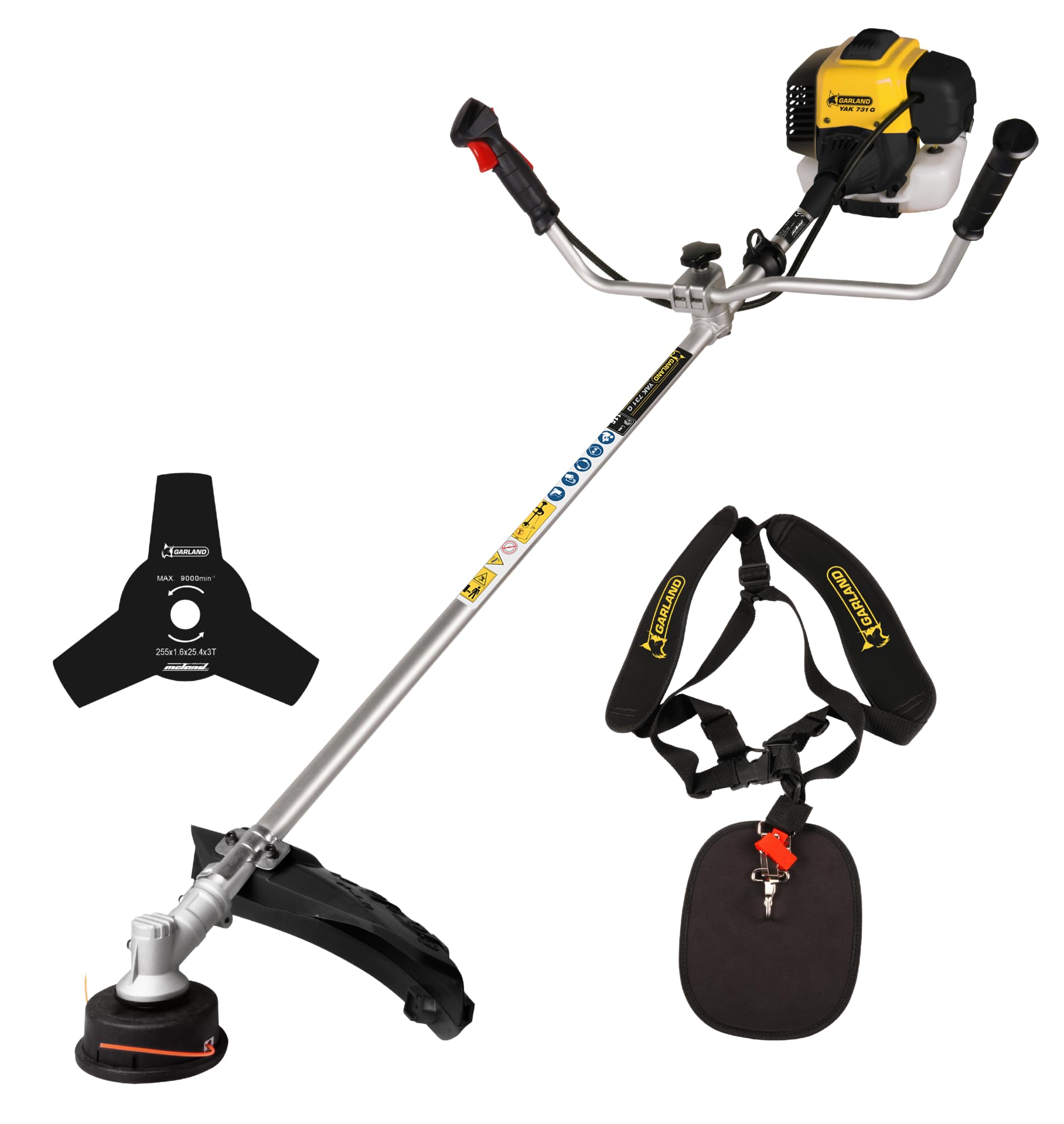 GARLAND Yak 731 G-V25 - Desbrozadora de Gasolina 42,7 CC, 1,6 CV, Manillar Plegable, Cabezal de Hilo y Disco incluidos, arnés Doble, Ancho de Corte 460 mm