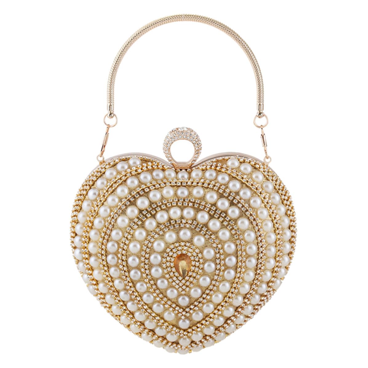 PRETYZOOM Borsetta da Sera Elegante a Forma di Cuore con Decorazioni Brillanti, Borsa Donna in Poliestere e Metallo, Piccola Pochette Oro per Party e Bar