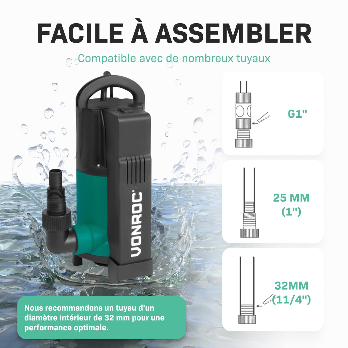 VONROC Pompe Submersible 750W – Débit 14 000 l/h – Pour Eaux Propres, Usées – Flotteur Intégré – Profondeur 7 m, Hauteur de Refoulement 7,5 m – Pompe Immergée Usage Domestique, Extérieur