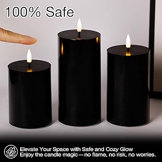 Eywamage Black Flameless Halloween Pillar Candles with Remote, Real Wax Flickering LED Battery Candles Set of 3