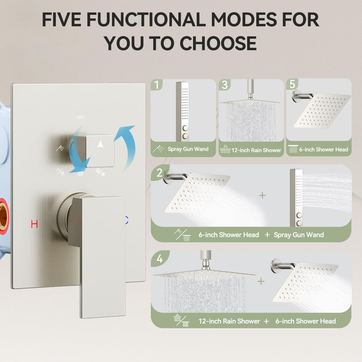 Shower Faucet Set Brushed Nickel Shower System,Bostingner Five Function Diverter Dual Head Shower Set,12'' Ceiling Mount and 6’‘ Wall Mount Rainfall Shower System with 2 in 1 Handheld Spray