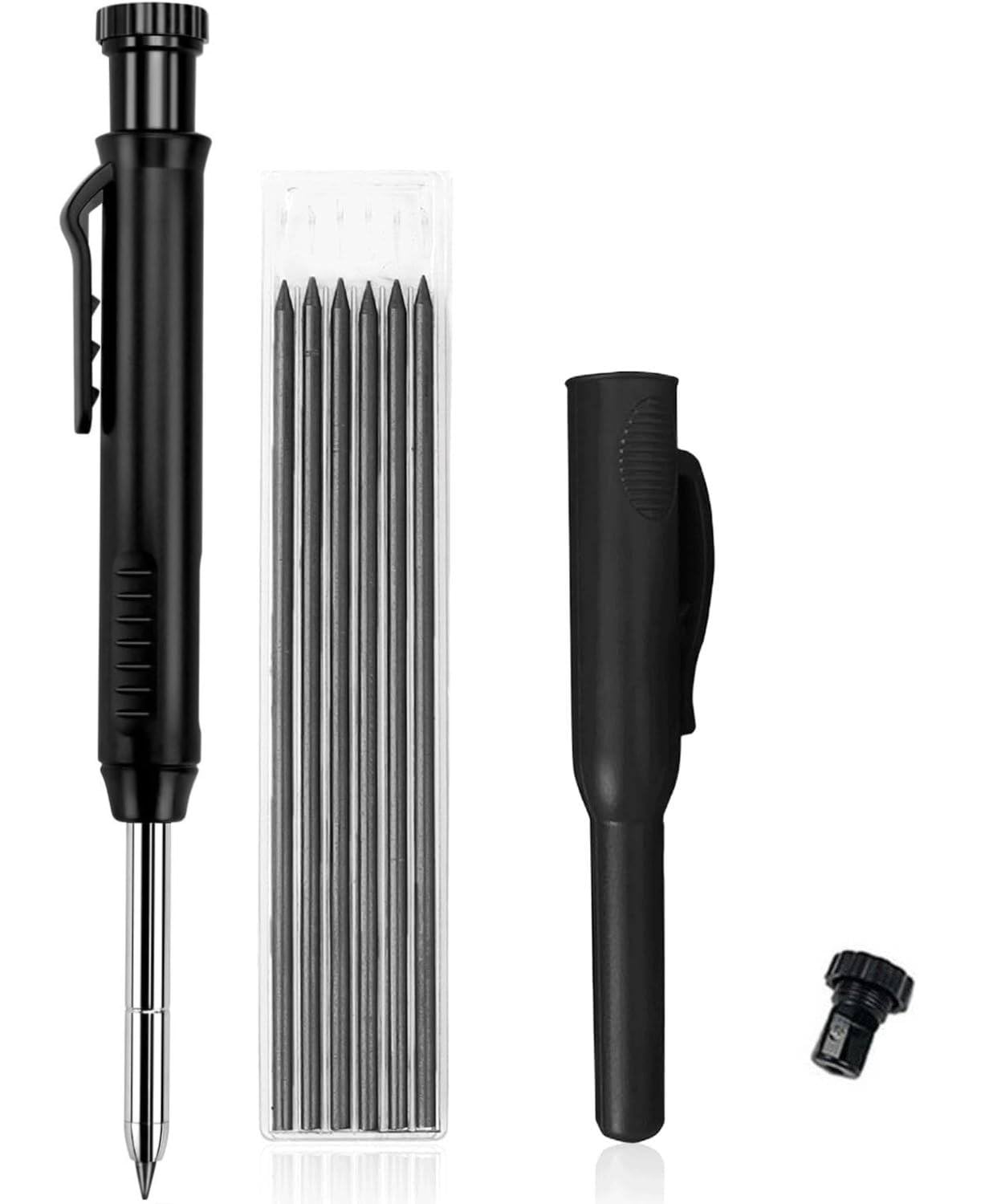 Brilovent Mechanical Carpenter Pencil with 6 Refills & Built-In Sharpener, Long Head Deep Hole Marker Pencil for Builders, Construction, Architect, Woodworking for Drawing Writing