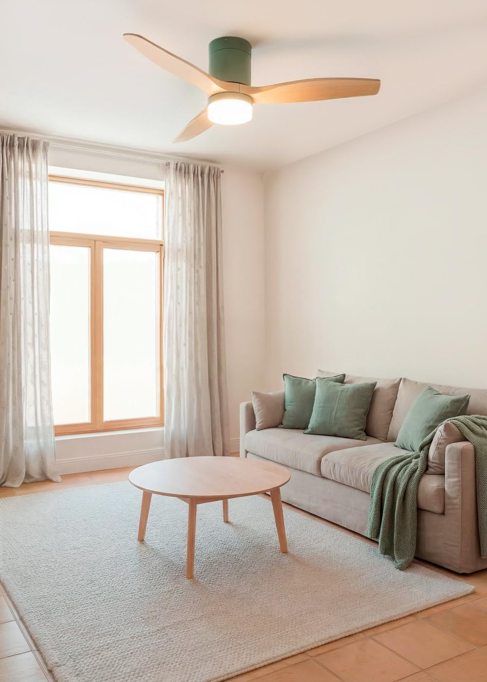 CREATE / WINDCALM S/Ventilador de techo ABS con luz verde sage efecto aspas madera clara con Wifi y mando / 40W, Silencioso, Ø112 cm, 3 temperaturas de luz, temporizador, función verano-invierno