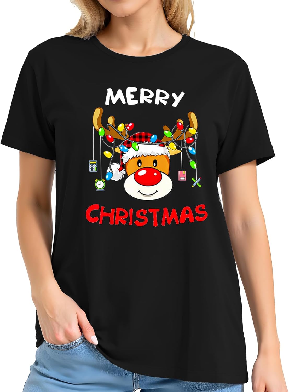 Christmas Reindeer Shirts Women Merry Christmas Lights Tshirt Xmas Holiday Tops - Image 3