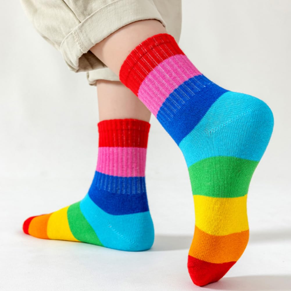 AKAMAS 5 pares de calcetines de ocio a rayas coloridos para niños y niñas, calcetines deportivos con patrón de rayas de arco iris para niños