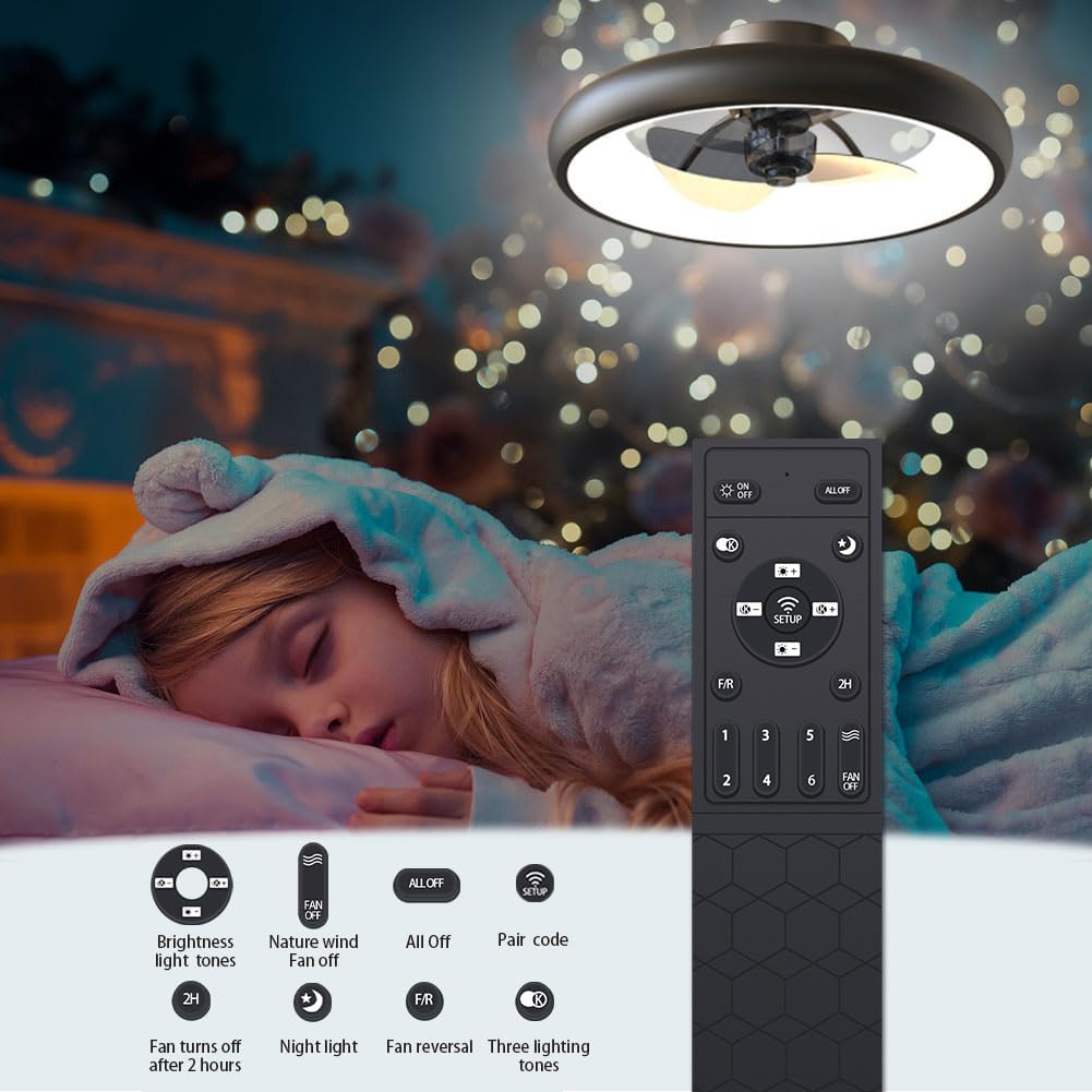 Ceiling Fan with Lights Dimmable LED Reversible Blades Timing with Remote Control, 5 Invisible Blades Semi Flush Mount Low Profile Fan (18.9, Black)