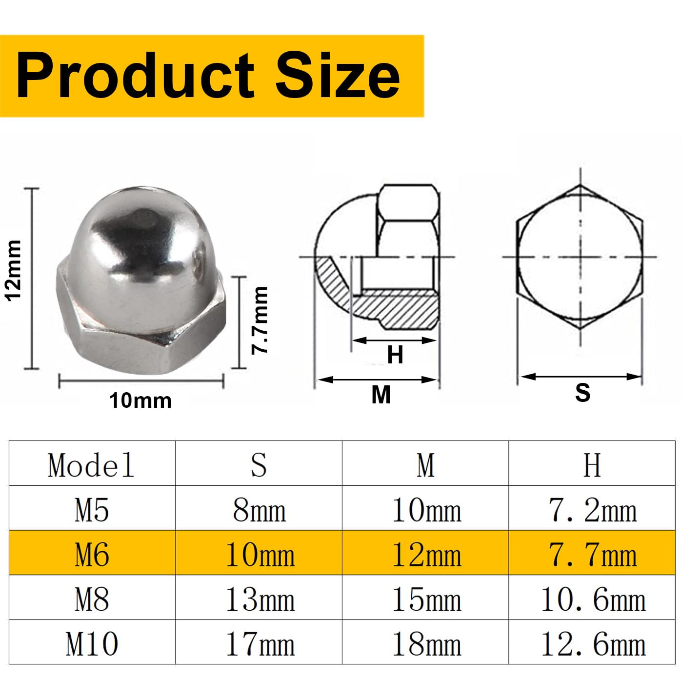 Bikasun 60Pcs Dome Cap Nuts M6 6mm 304 Stainless Steel DIN1587, High Shape A2 V2A Hexagonal Hex Acorn Cap Nuts, For Industry Hardware - Image 2